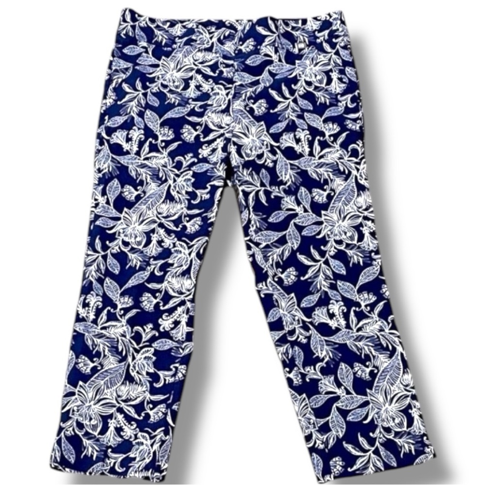 RAFAELLA Size 12 Navy/White Flat Front Pull On Cropped/Ankle Pants